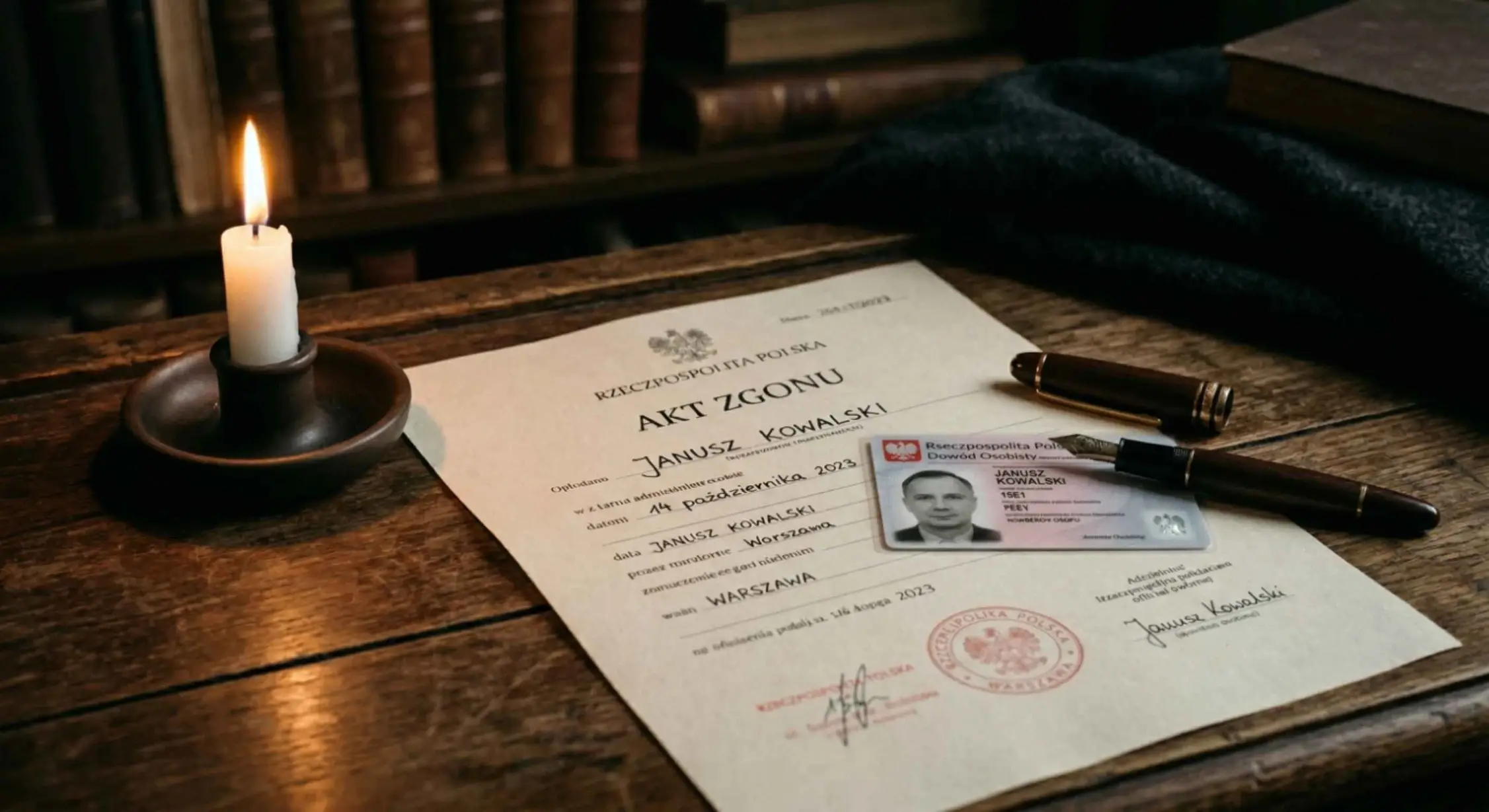 Akt zgonu, dowód osobisty i pióro na biurku — formalności pogrzebowe w Polsce