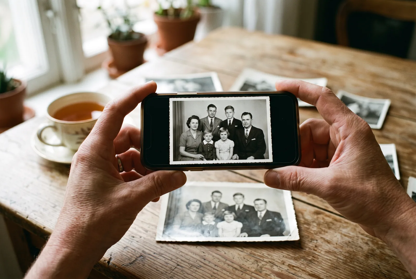 Dłonie trzymają telefon poziomo nad starą czarno-białą fotografią rodzinną, a na ekranie widać to samo zdjęcie, wyprostowane i wyraźne.