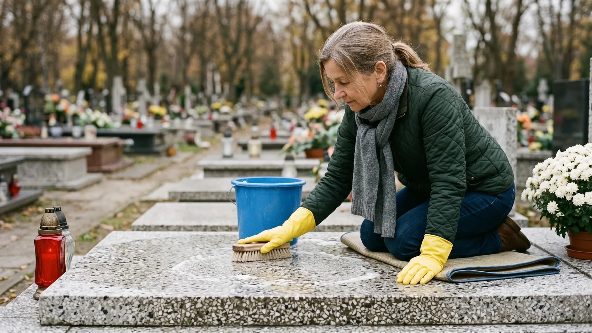 Kobieta w zielonej kurtce myje miękką szczotką płytę nagrobka z lastryka, obok niebieskie wiadro.