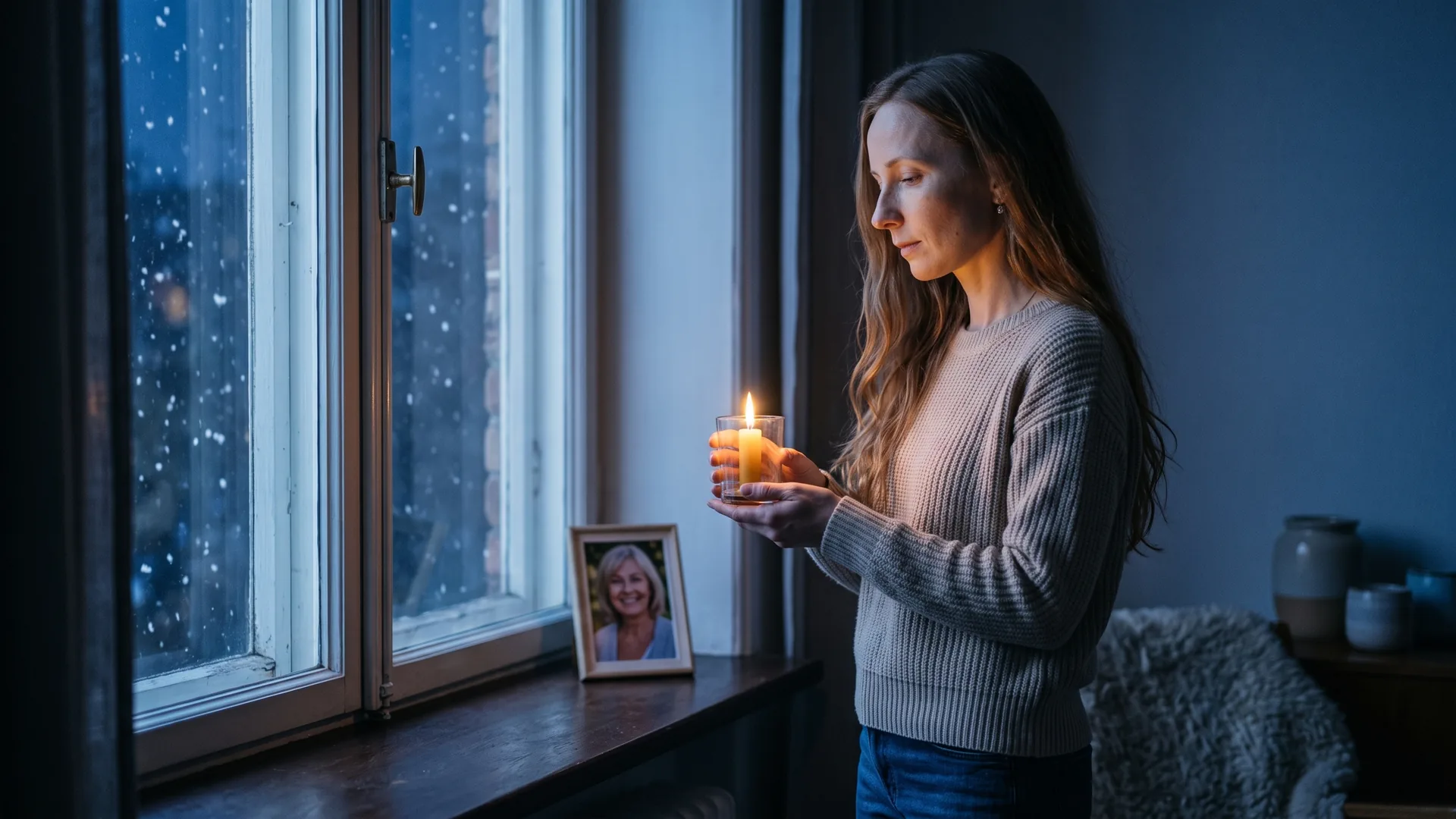 Kobieta stoi wieczorem przy oknie ze świecą w szklance w dłoniach, na parapecie oprawione zdjęcie uśmiechniętej starszej kobiety, za szybą pada śnieg.