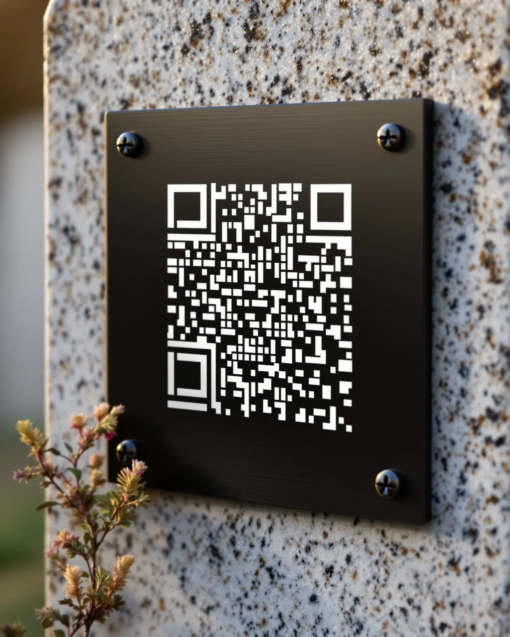 Czarna prostokątna tabliczka z kodem QR przykręcona do jasnego nagrobka