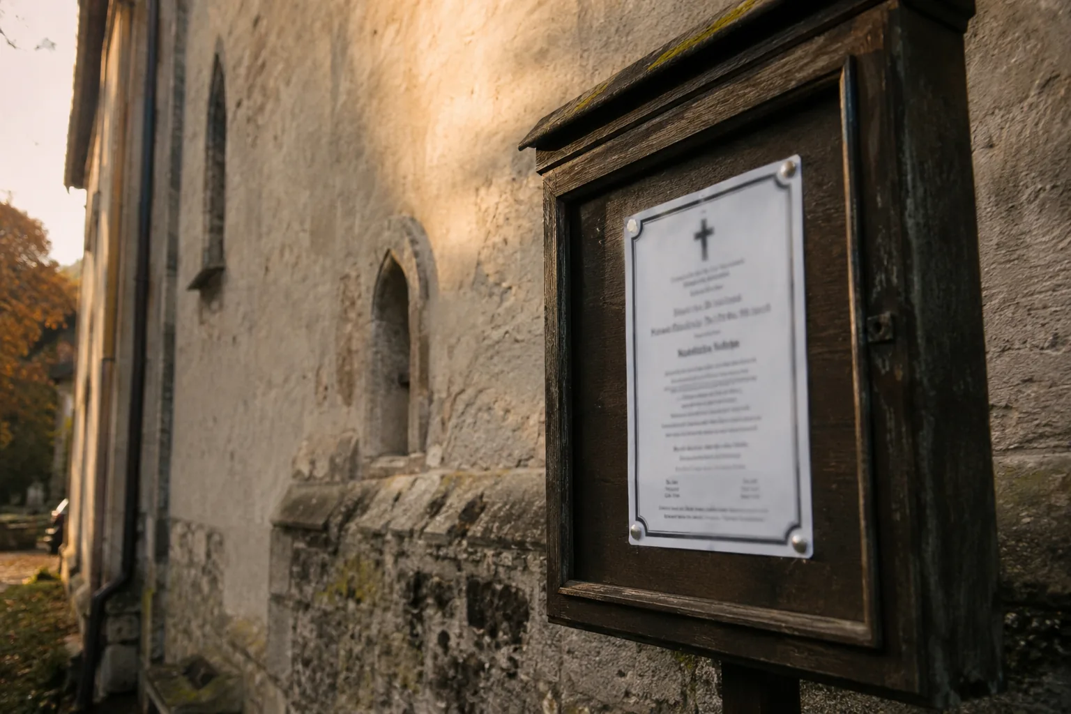 Klepsydra w drewnianej gablocie zawieszona na kamiennej ścianie kościoła o zachodzie słońca