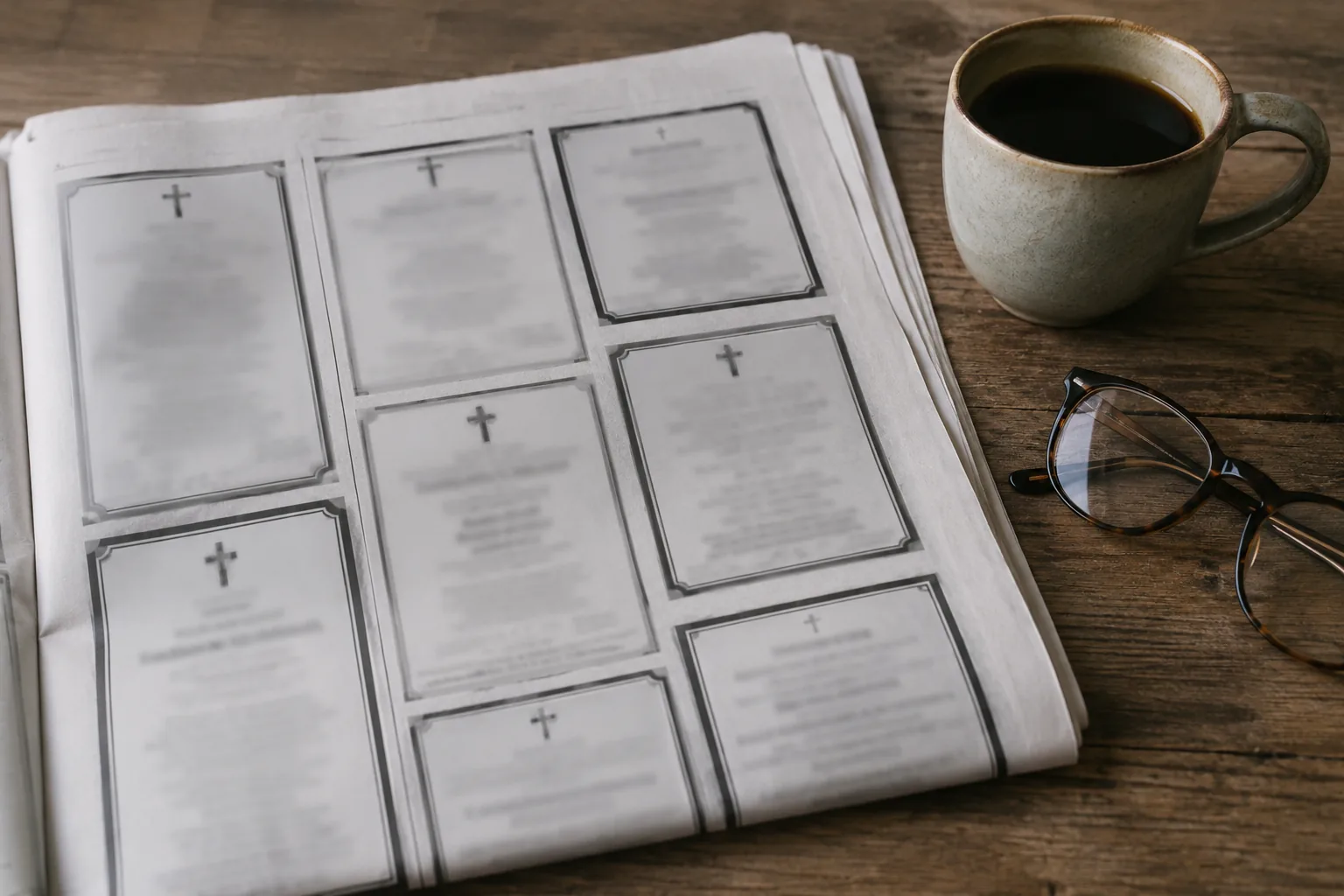 Rozłożona gazeta z nekrologami na drewnianym stole obok kubka kawy i okularów