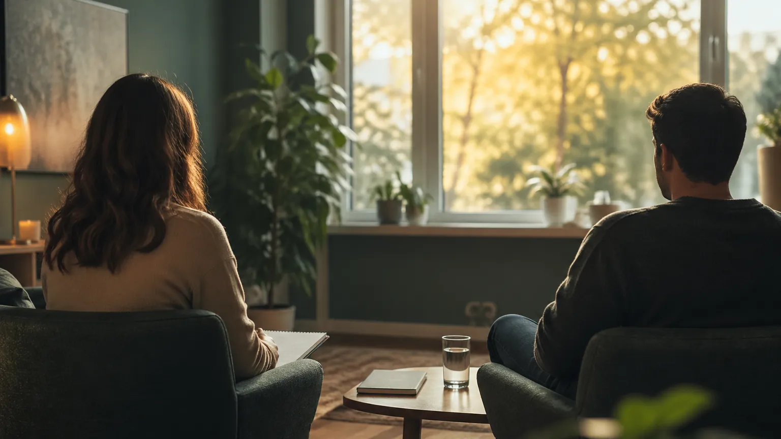 Spokojny gabinet terapeutyczny z dwoma osobami podczas rozmowy — wsparcie psychologiczne po stracie rodzica