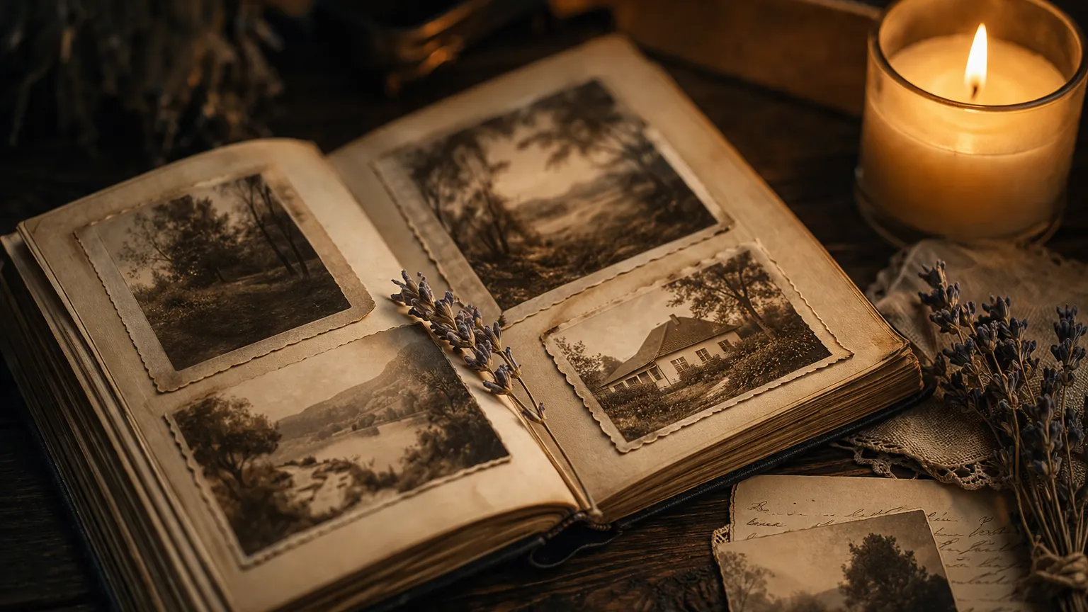Otwarty album sepia ze zdjęciami rodzinnymi i zapalona świeca — pamięć o zmarłym rodzicu