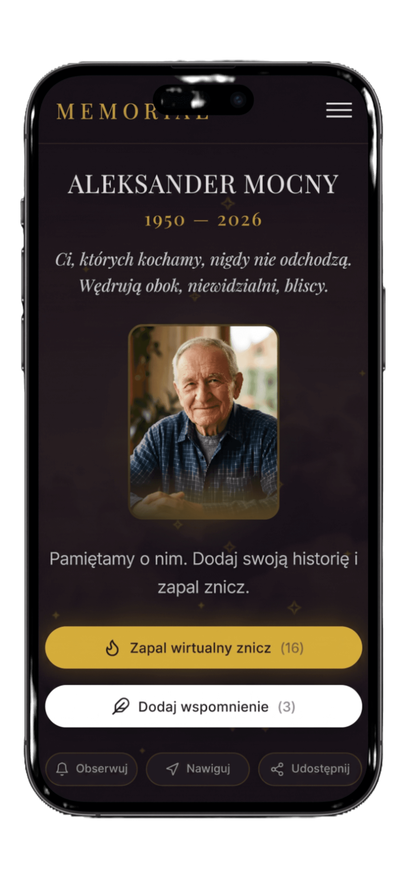 Strona pamięci wyświetlana na telefonie — przykładowy profil bliskiej osoby z galerią zdjęć i wirtualnymi zniczami