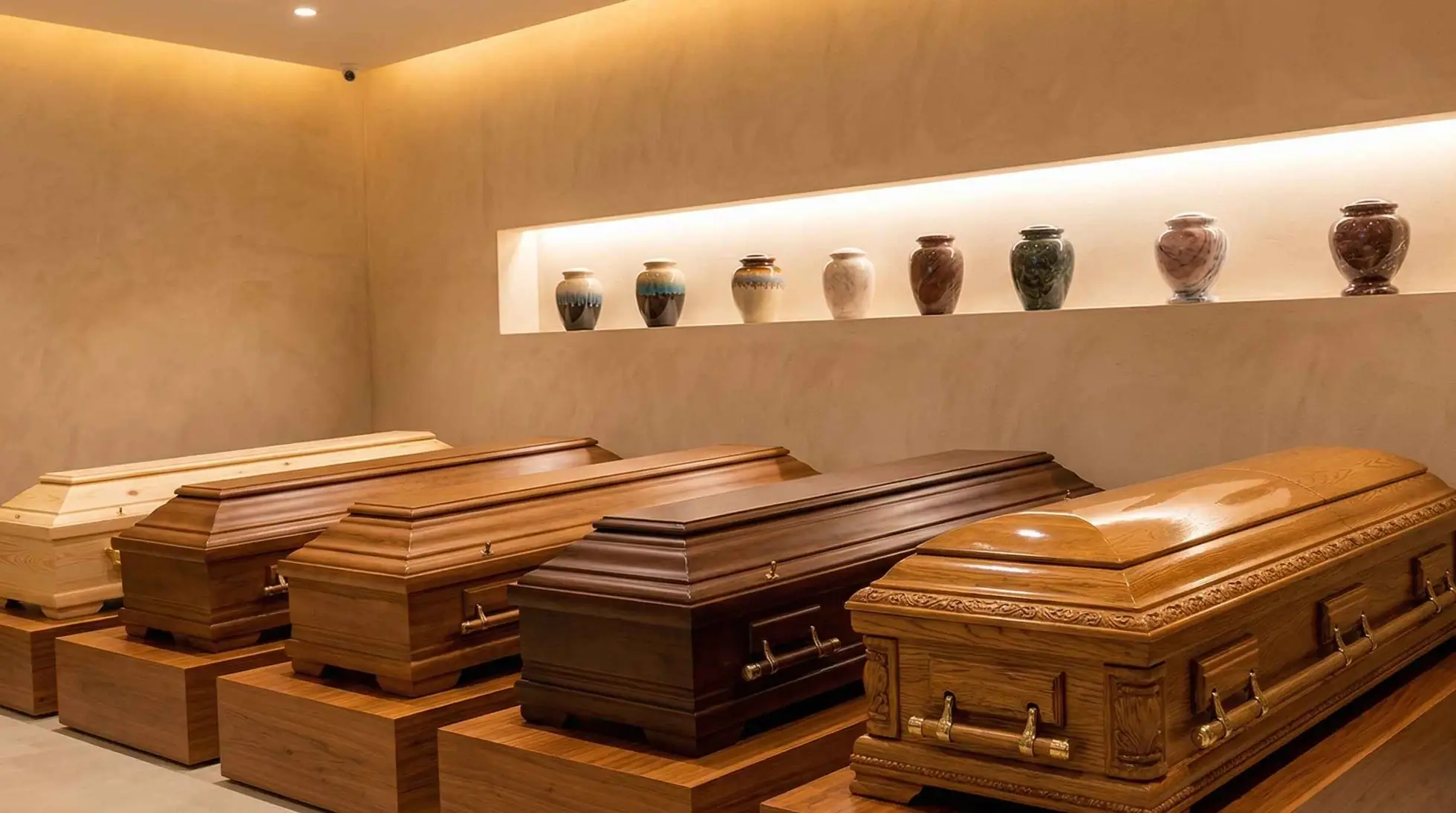 Salon pogrzebowy z ekspozycją trumien drewnianych i urn ceramicznych