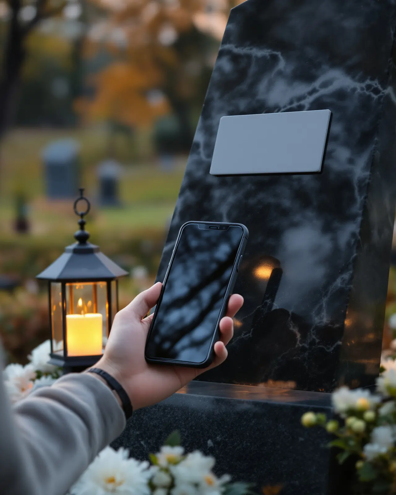 Dłonie trzymające smartfon przy granitowym nagrobku ze zniczem — skanowanie tabliczki z kodem QR