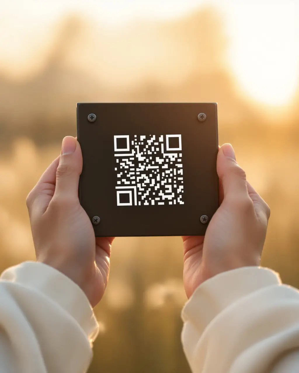 Dłonie trzymające czarną prostokątną tabliczkę z kodem QR