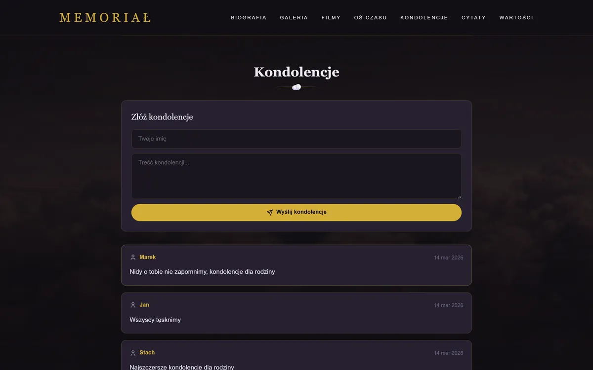 Sekcja kondolencji na stronie pamięci otwarta na komputerze — formularz „Złóż kondolencje” i wpisy od bliskich z imieniem i datą