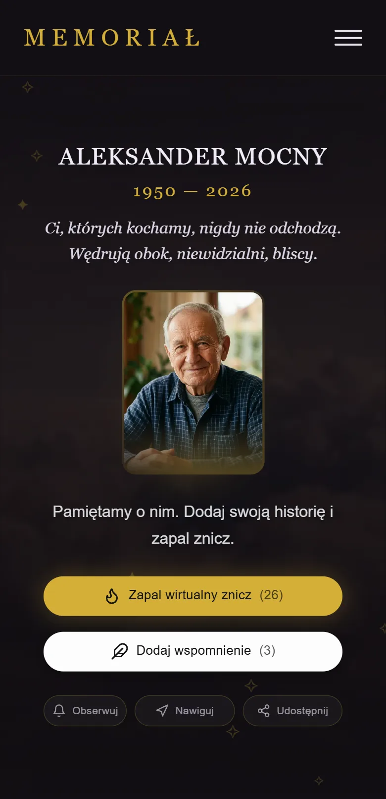Widok główny strony pamięci na telefonie — imię, daty, portret i przycisk zapalenia wirtualnego znicza
