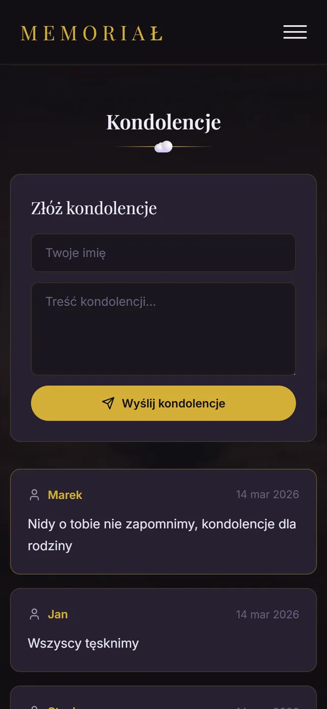 Sekcja kondolencji strony pamięci na telefonie — formularz „Złóż kondolencje” i wpisy od bliskich pod nim