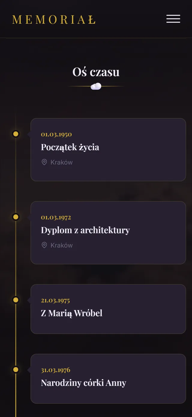 Oś czasu przykładowej strony pamięci na telefonie: wpisy z datami „Początek życia”, „Dyplom z architektury”, „Z Marią Wróbel” i „Narodziny córki Anny”, połączone pionową linią.